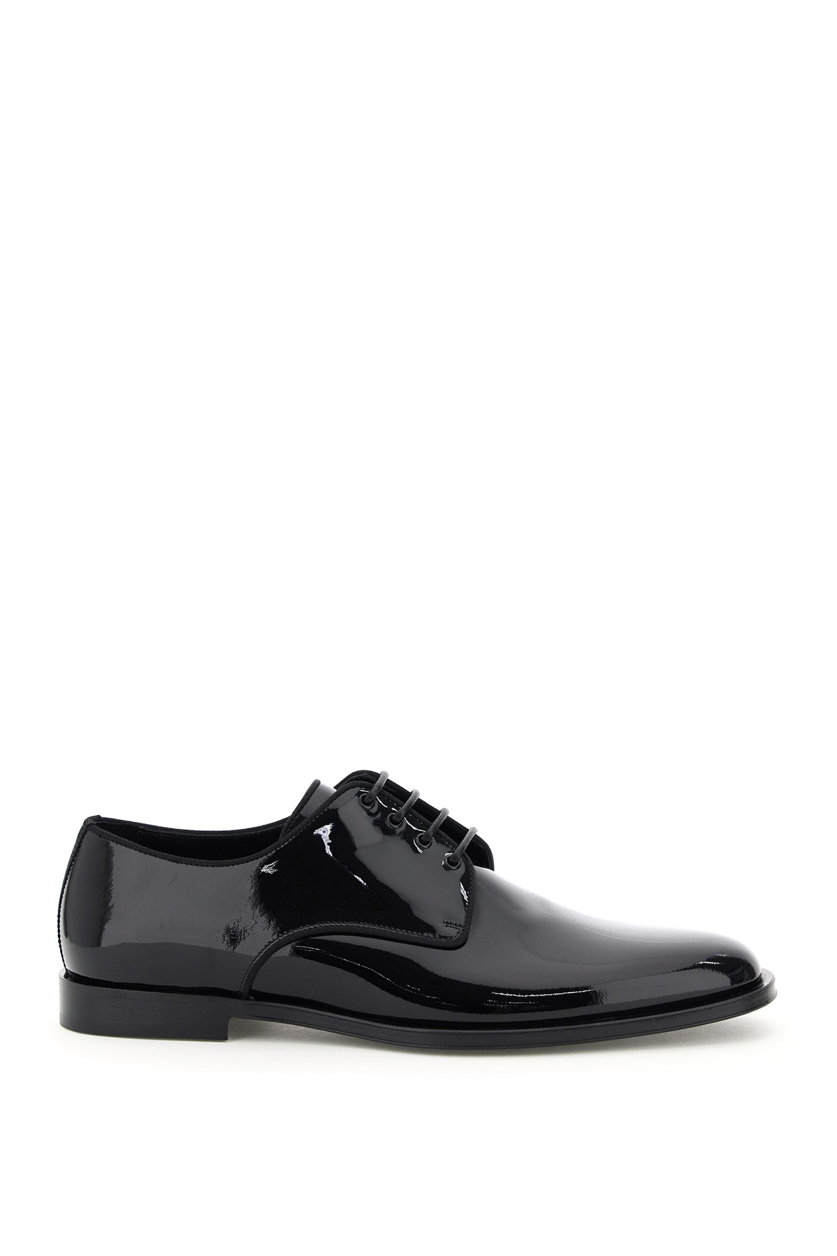 

POSITANO LACE-UPS, Black, Dolce & Gabbana patent Derby lace-ups with grosgrain hems. Leather and contrast quilted satin lining and leather sole.